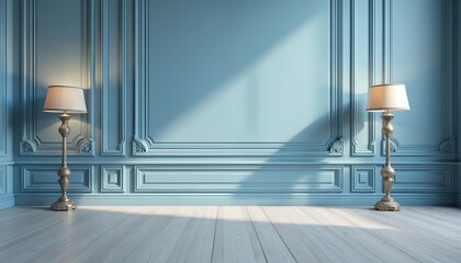Poster - Blue room with classic wall paneling, wooden floor. Vintage lamp illuminates interior. Empty space. Modern interior design, architecture background. Architectural mock up, product placement. Luxury