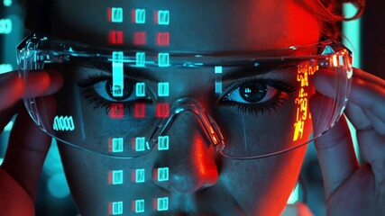 Poster - close-up of a focused individual wearing futuristic glasses with digital display