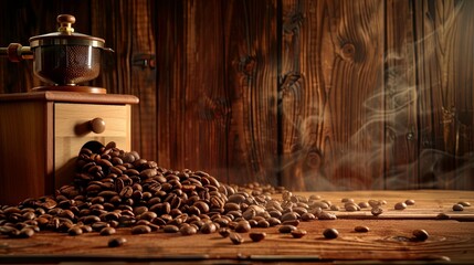 Poster - Discover the rich aroma of freshly ground coffee beans on a rustic wooden table ideal for coffee lovers and enthusiasts Generative AI