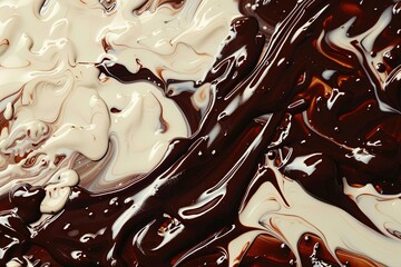 Poster - Glossy melted chocolate droplets flowing over a creamy background create an indulgent visual treat Generative AI