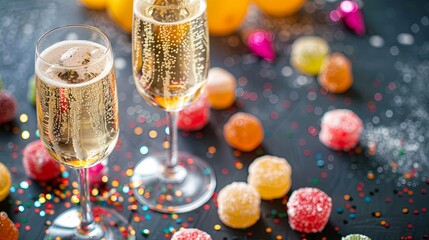 Poster - Celebrate with champagne glasses and colorful sweets on a festive table perfect for weddings and New Year gatherings Generative AI