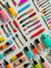 Poster - Vibrant nail polishes and manicure tools arranged neatly on a light surface for an inviting nail care experience Generative AI