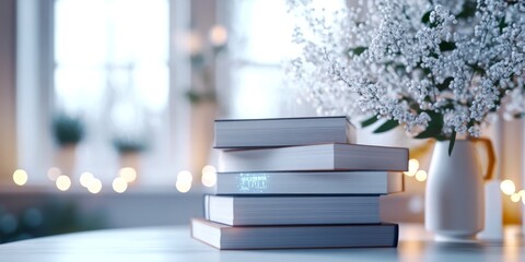 Poster - A cozy scene featuring a stack of books on a table beside a beautiful flower vase. This image captures warmth, tranquility, and the joy of reading. Perfect for home decor or relaxation. AI