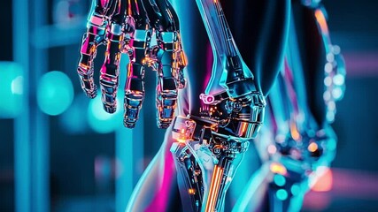 Poster - Futuristic robotic arm and leg in neon-lit environment