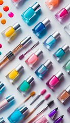 Poster - Vibrant collection of nail polishes and manicure tools arranged on a light background for creative beauty activities Generative AI