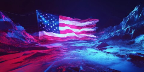 Aufkleber - A vibrant digital representation of the American flag creates a stunning visual experience. The colors dance and swirl in a dynamic style. Ideal for patriotic themes and artistic purposes. AI