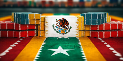 Poster - Mexican Tariff and Trade Concept with National Flags and Stock Market Symbolism Depicting Economic and Import-Export Issues