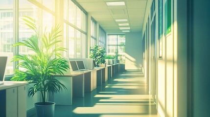 Poster - Modern Office Corridor with Natural Light and Empty Workstations