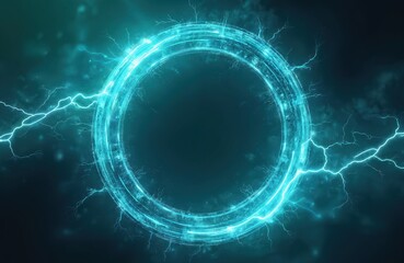 Poster - Abstract teal and blue lightning bolt strikes a circular ring. Electric energy glowing discharge with plasma sparks on dark background. Futuristic mystical aethereal modern seamless pattern texture.