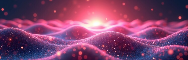 Leinwandbilder - Pink, blue digital hi-tech background illustration. Wavy landscape of particles connects in dynamic mesh. Futuristic texture with dot pattern for science, big data, technology themes. Artificial