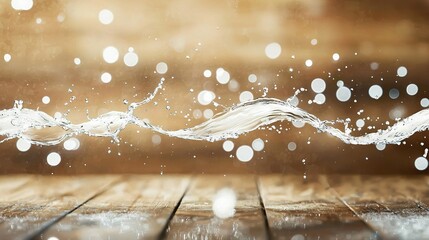 Poster - a close-up of water splashing on a wooden table with a blurry background of water droplets on the ta