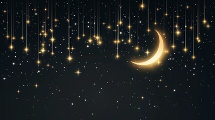 Wall Mural - Magical night sky with crescent moon and hanging stars on dark background for children's book illustrations, bedtime stories, nursery decoration designs, and dreamy educational content about astronomy