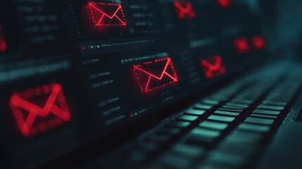 Poster - cybersecurity alert with red email icons on dark computer screen