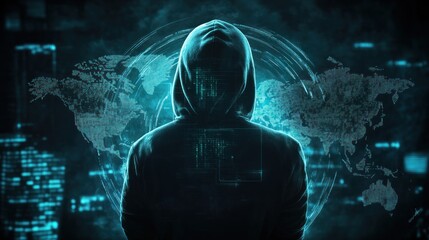 Poster - mysterious figure in hoodie against a digital world map backdrop