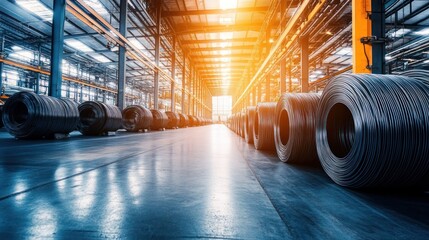 Poster - Steel coils lined in a bright industrial warehouse setting