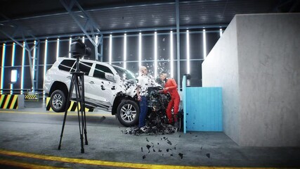 Wall Mural - car crash test stop time. safety concept. people and crash dummy.