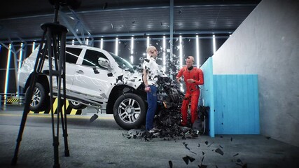 Wall Mural - car crash test stop time. safety concept. people and crash dummy.