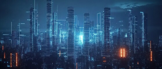 Poster - Futuristic city skyline with glowing buildings under a night sky