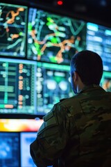 Poster - Soldier monitoring tactical operations in a high-tech control room