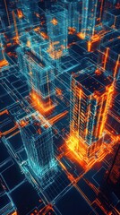 Poster - Futuristic cityscape with glowing buildings and intricate neon lights