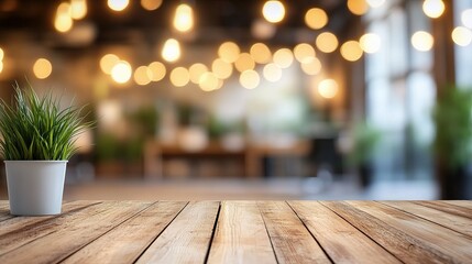Poster - Blurred Office Interior with Bokeh Lights and Potted Plant Decoration