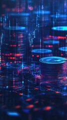 Poster - Futuristic digital currency scene with glowing coins and data streams
