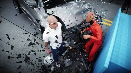 Wall Mural - car crash test stop time. safety concept. people and crash dummy.