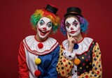 Colorful clowns with rainbow hair and polka dot costumes against red background