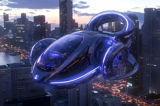 Futuristic Flying Car Over Night Cityscape