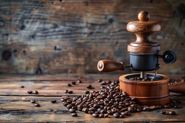 Poster - Coffee beans and grinders create an inviting atmosphere for coffee lovers on a rustic wooden table Generative AI