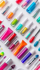 Poster - Vibrant collection of nail polishes and manicure tools arranged neatly on a light background for an organized beauty experience Generative AI