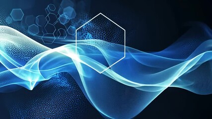 Poster - Abstract blue wave flowing over dark hexagon pattern background.