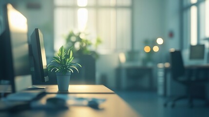 Poster - Modern Office Interior with Workstation and Defocused Background