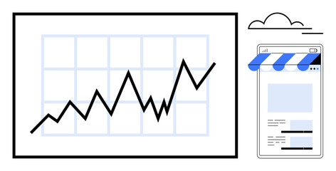 Rising line graph on monitor beside online storefront interface conveying growth, digital commerce. Ideal for analytics, marketing, success, innovation, entrepreneurship, e-commerce, strategy flat