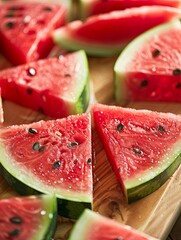 Aufkleber - Fresh watermelon slices on a wooden cutting board showcasing summer vibes and juicy flavors Generative AI