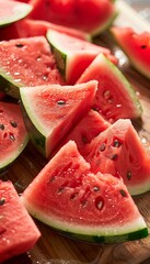 Aufkleber - Freshly cut watermelon slices on a wooden cutting board in natural light evoke summer vibes in a vibrant and appetizing display Generative AI
