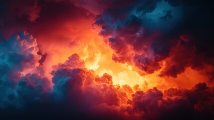 Wall Mural - Dramatic skyscape with vibrant red, orange, and blue hued cumulonimbus clouds