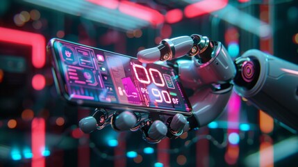 Fototapete - Advanced robotic hand displays digital information on a smartphone in a neon-lit cyber environment