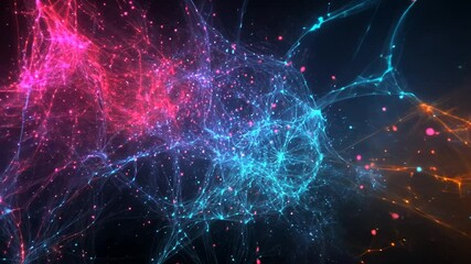 Poster - Abstract cosmic nebula with vibrant pink, blue, and orange glowing particles and lines.