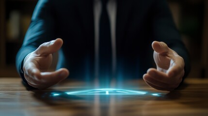 Poster - Businessman creating holographic projection on table