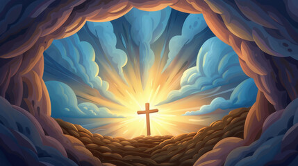 Wall Mural - A serene cross emerges from soft clouds, bathed in calming blue and warm golden hues, symbolizing hope and peace.