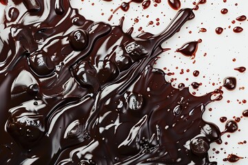 Poster - Rich, flowing droplets of melted chocolate create glossy texture on a cream background with high detail and dark color Generative AI