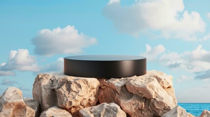 Fototapete - A sleek black podium awaits your product, set against a stunning backdrop of an island and blue skies.