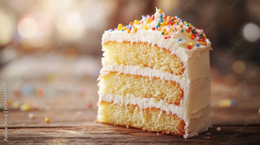 Slice of vanilla cake with sprinkles and white frosting on wood table ...