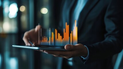 Poster - Businessman holding tablet with financial graph, modern office background, possible use for stock photos