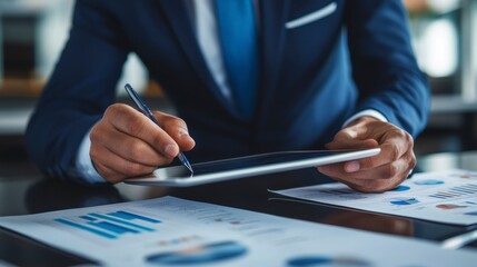 Poster - Businessman using tablet, charts and graphs in office