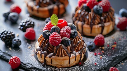 Poster - Delicious pastries adorned with chocolate and fresh berries showcase vibrant colors and elegant presentation in a pastry display Generative AI