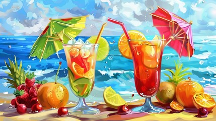 Aufkleber - Cocktails with Fruits and Colorful Umbrellas on a Sunny Beach with Waves and Sandy Shore Generative AI