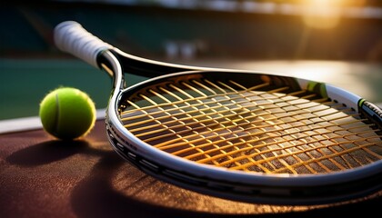 A tennis racket and a tennis ball; a close up view of the tennis racket and ball; a tennis racket and ball left on the tennis court floor after completion of a game; sports activity; active life