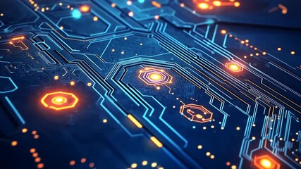 Poster - Abstract digital circuit board glowing with blue and orange light.